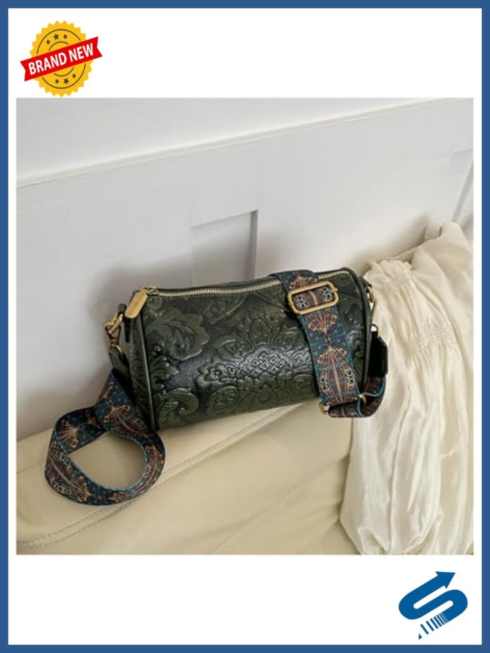 Vintage Floral Embossed Faux Leather Crossbody Handbag Adjustable Strap - Picture 6 of 6